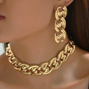 3 pc Set BOLD Chunky Choker Necklace & Earrings Elegant Statement Gold Tone